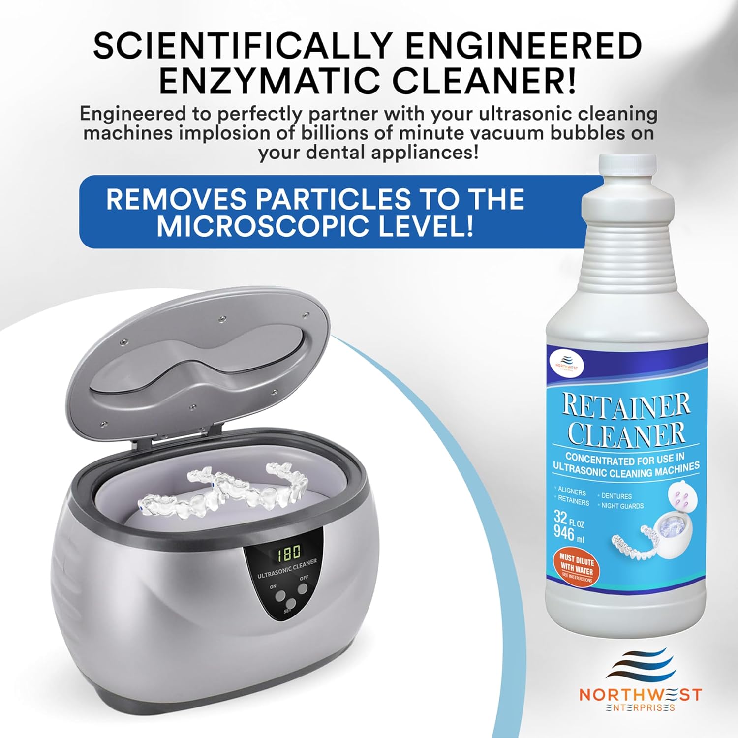 NORTHWEST ENTERPRISES Ultrasonic Retainer Cleaner Solution Concentrate - Denture Cleaner for Ultrasonic Machines - Cleans Mouthguards, Invisalign and Nightguards - Odor, Stain & Discoloration Remover