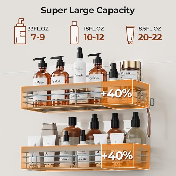 Orimade Adhesive Shower Caddy Soap Dish Holder Shelf with 5 Hooks Bathroom Organizer Basket Kitchen Storage Rack Wall Mounted No Drilling Stainless Steel - 3 Pack, Light Blue Grey