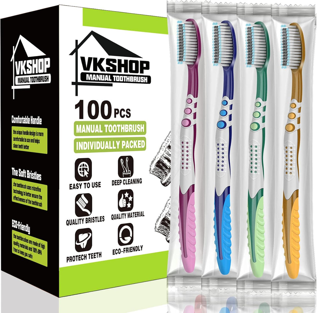100 Bulk Travel Toothbrushes, Portable Individually Wrapped Toothbrush for Adult Children, Disposable Soft Bristle Manual Toothbrush Set (4 Colors)