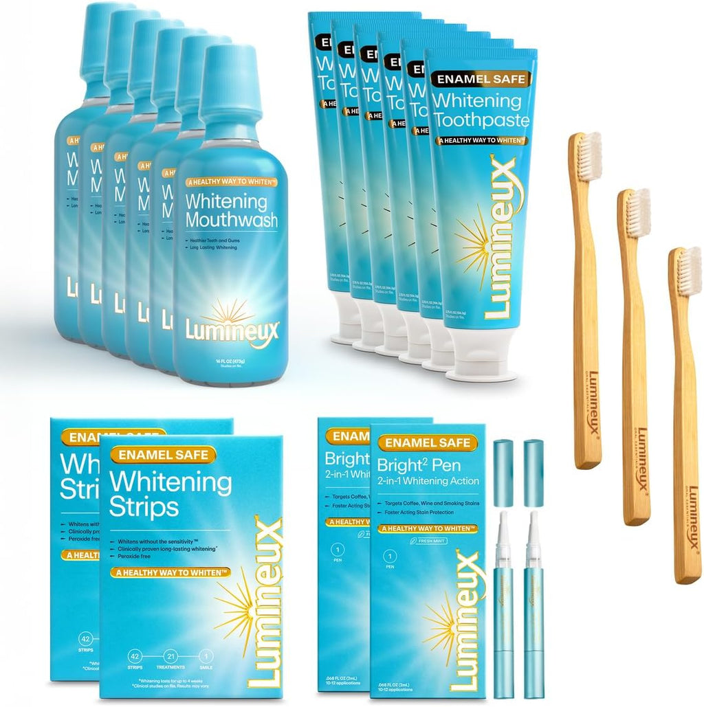 Lumineux Longevity Whitening Kit Bundle - Contains 6X Toothpastes, 6X Mouthwashes, 2X Strips and 2X Whitening Pens - Enamel Safe and Clinically Proven to Whiten Without The Sensitivity