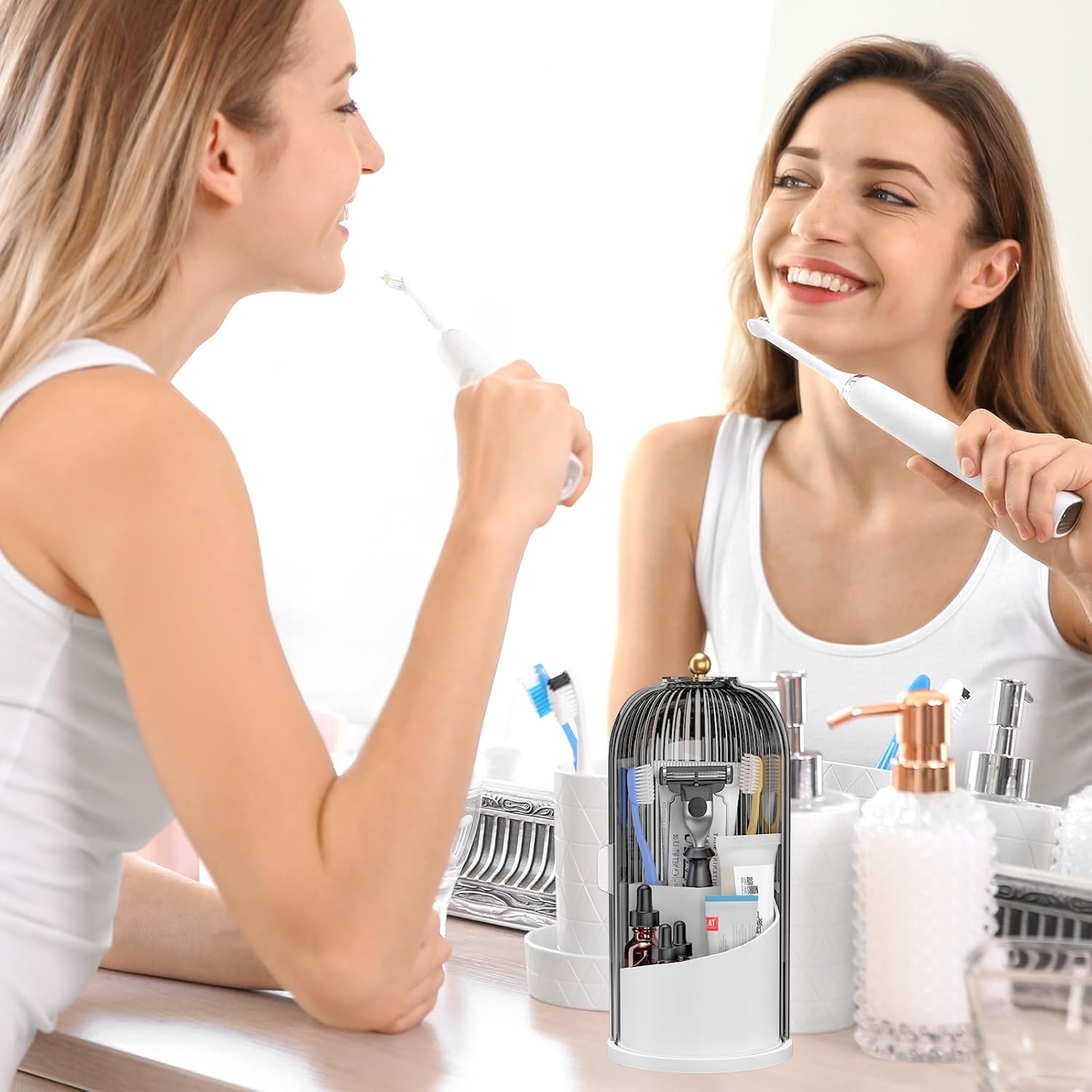 Toothbrush Holders with Sliding Lid for Bathroom Counter Organizer, Tooth Brush Toothpaste Holder for Bathroom Vanity Makeup Brushes Holder-White