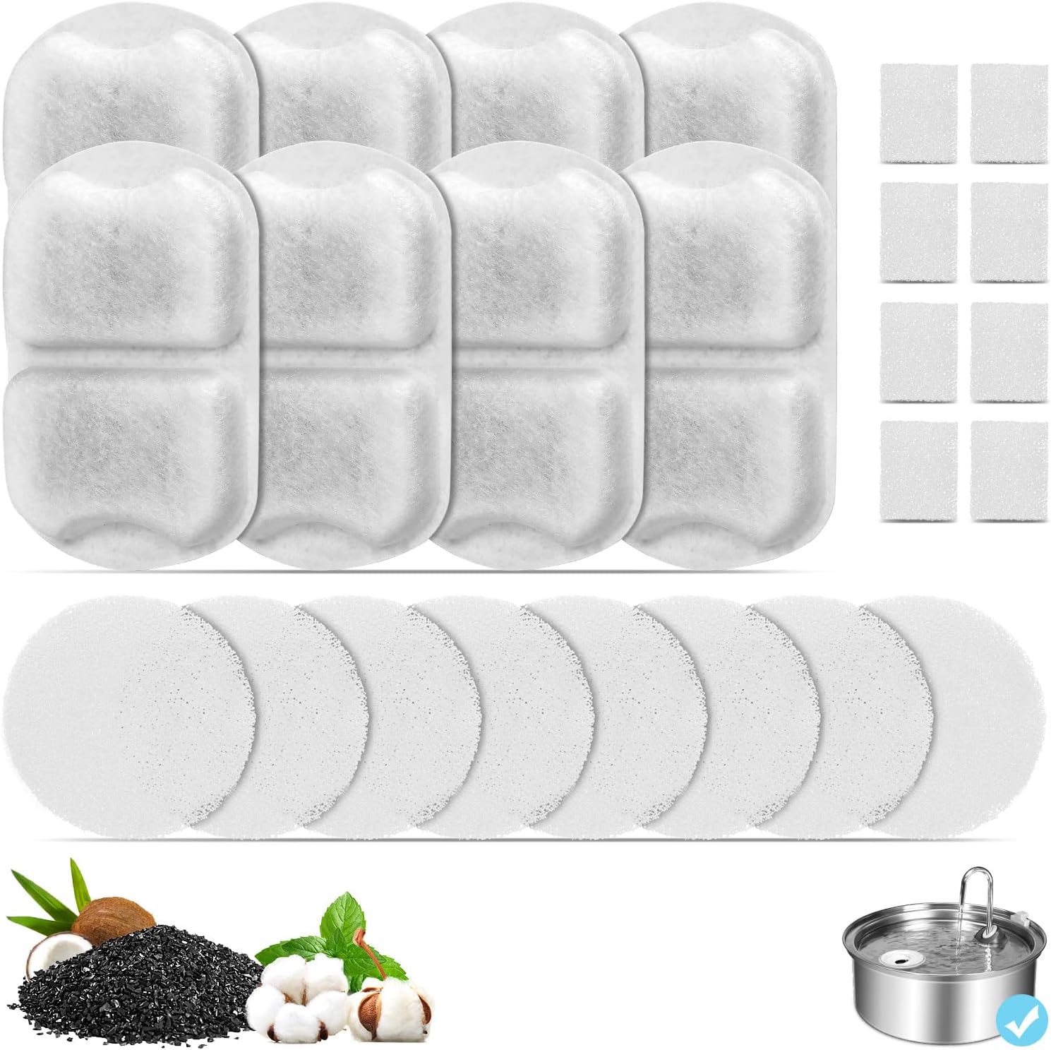 8 Set Dog Fountain Filter Replacement for 7L/230oz/1.8G Stainless Steel Dog Water Dispenser, YOIHABV Cat Fountain Filters, Triple Filtration Pet Water Filter, Replacement Filters and Sponges