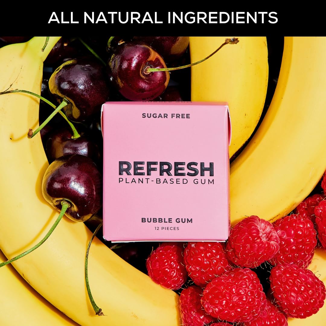 Refresh Gum, Xylitol, Sugar Free, Natural, Chewing Gum, Natural Flavors & Organic Ingredients, Plant-Based, Non GMO, Gluten Free, Vegan, Peppermint, Bubble Gum & Peach, 12 Pcs, 6 Pack