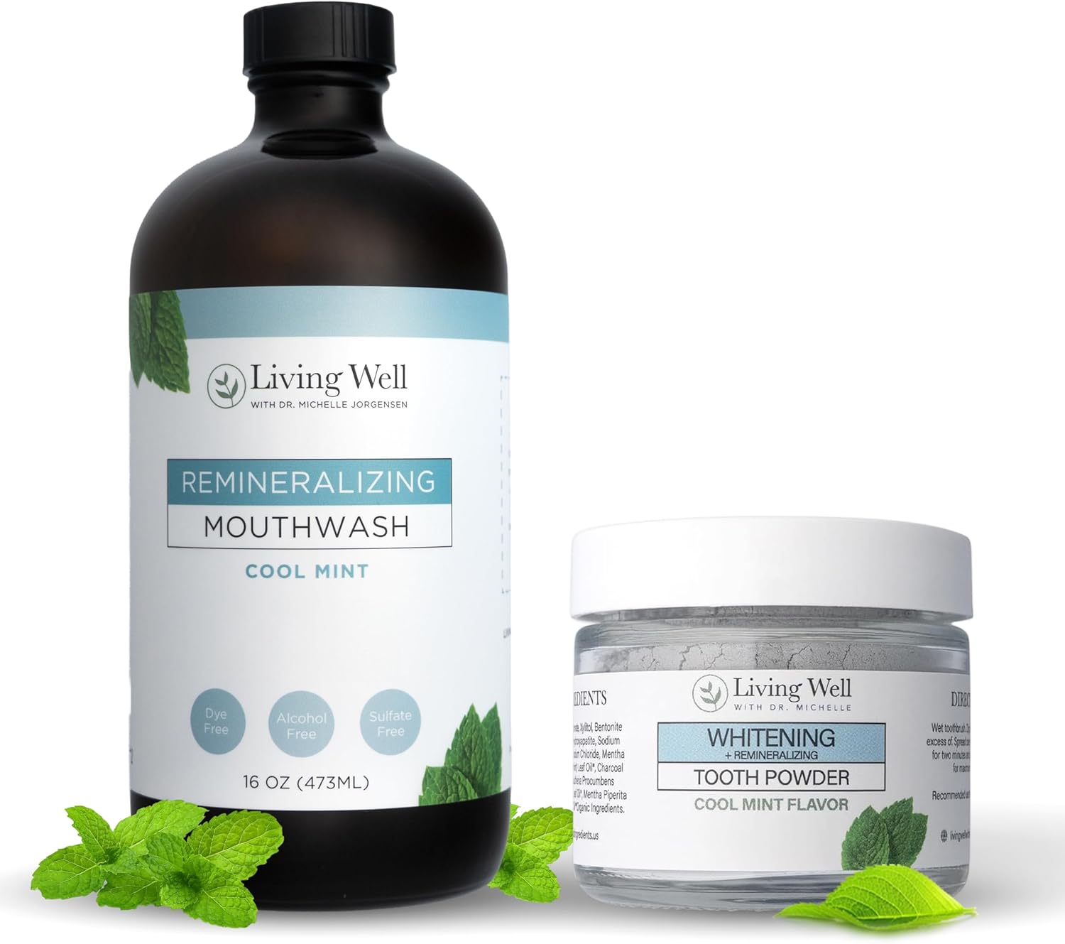 Living Well with Dr. Michelle Remineralizing & Whitening Bundle | Hydroxyapatite Tooth Powder & Cool Mint Mouthwash