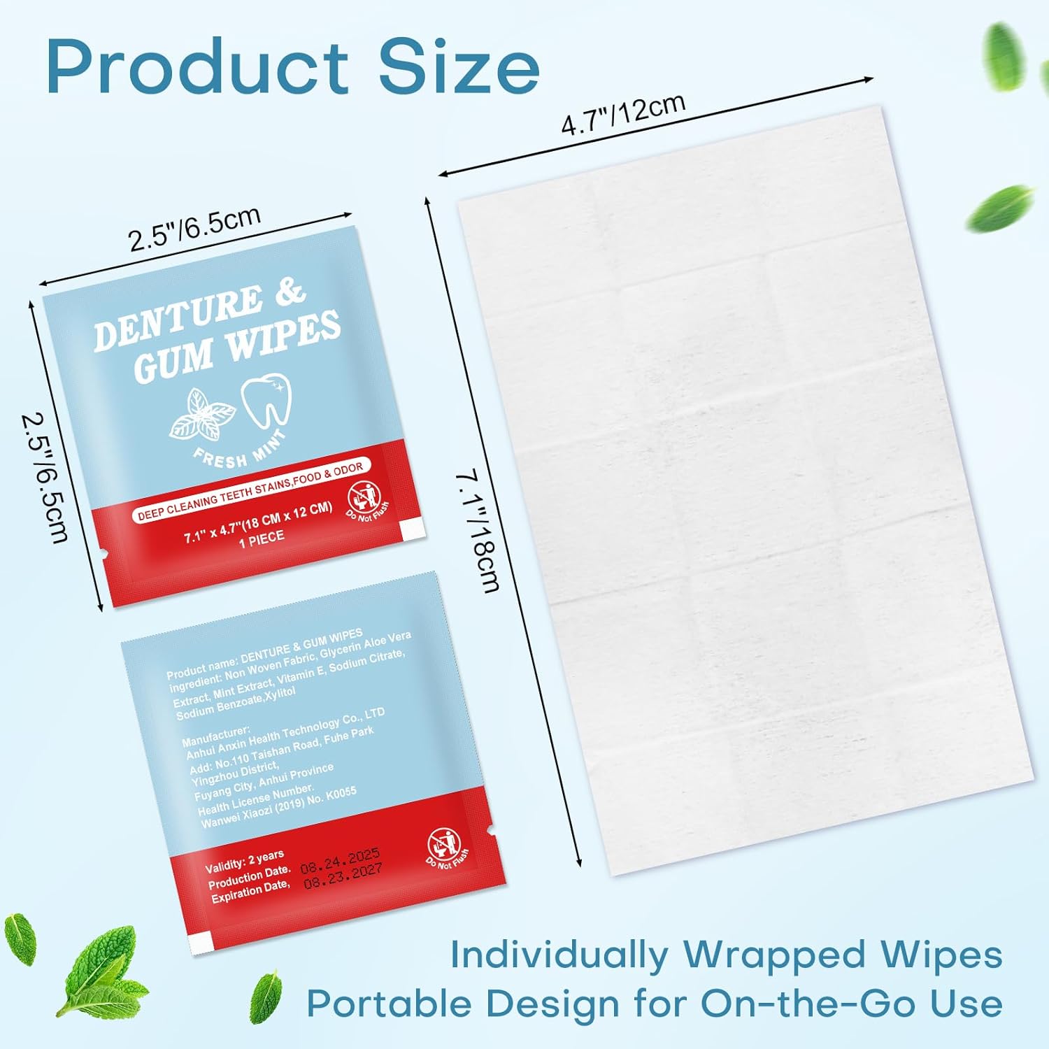 Denture Cleaner Wipes Disposable Teeth Gum Retainer Wipe Oral Care, Tooth Gums Cleaning Dental Dentures Tablets, Denture Adhesive Food Debris Braces Stain Odor Remover for Adults Elderly Mint 100 Pcs