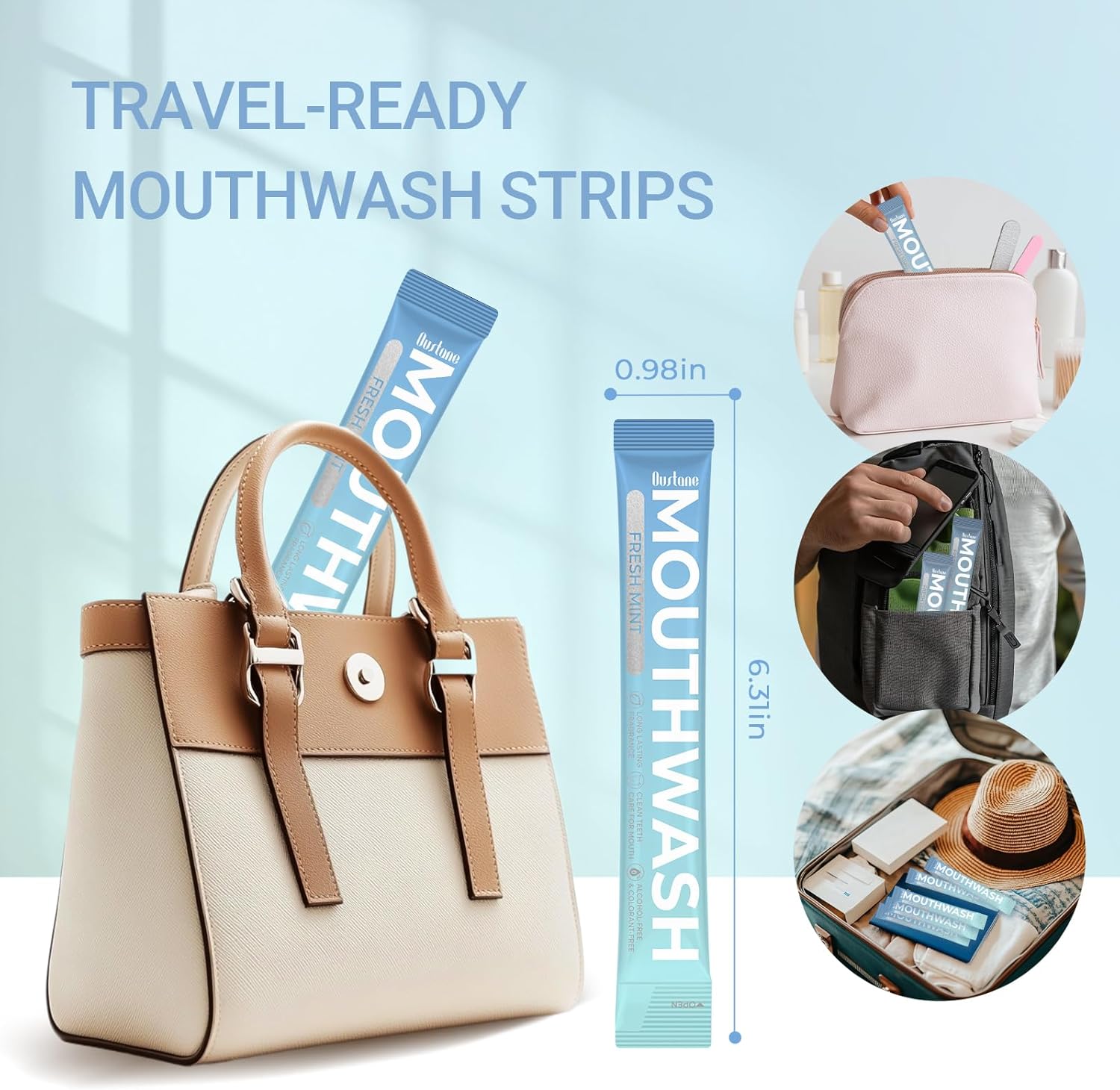 Travel Size Fresh Mint Mouthwash, Alcohol-Free, 15ml Portable Packets, Long-Lasting Freshness (30)