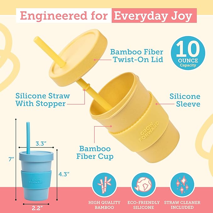 Grow Forward Bamboo Kids Cups with Lids and Straws - 10oz Drinking Cups for Kids with Childproof Twist Lids & Silicone Straws - Eco Friendly, BPA Free, Non Toxic & Dishwasher Safe - Paradise