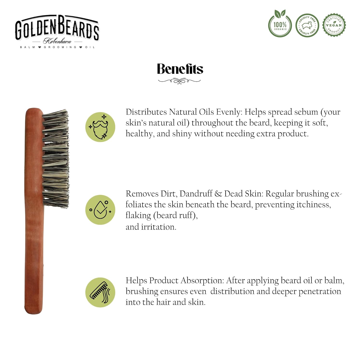 Golden Beards Vegan Beard Brush – Bamboo Handle & Plant-Based Bristles – Eco-Friendly Beard Grooming Brush for Men – Detangles, Styles & Softens Facial Hair