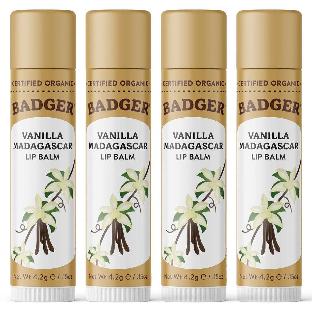 Badger Vanilla Madagascar Classic Lip Balm, 100% Organic Lip Balm, Long Lasting Lip Care w/Light Silky Texture, Comforting & Relaxing, 4 Pack