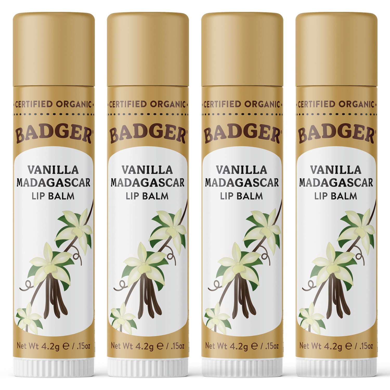 Badger Vanilla Madagascar Classic Lip Balm, 100% Organic Lip Balm, Long Lasting Lip Care w/Light Silky Texture, Comforting & Relaxing, 4 Pack