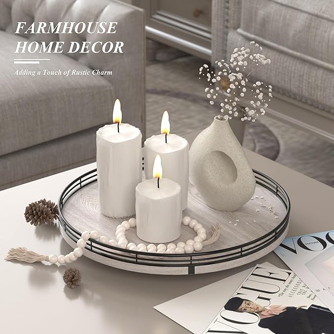 13" Oak Bathroom Vanity Tray Turntable for Perfume Candle, Round Wooden Decorative Tray for Kitchen Sink Countertop Organizer, Bathroom Counter Organizer for Skincare Makeup, Rustic Whitewashed