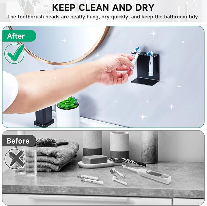 Electric Toothbrush Head Holder, Oukimly Toothbrush Holder Wall Mounted or Desktop, Metal Tooth Brush Holder, Shower Brush Head Holder, Electric Toothbrush Holder for Bathroom (Black, Small)