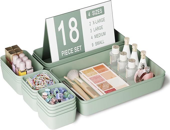 Plastic Drawer Organizers, 18 PCS Drawer Organizer Bins, Bathroom and Vanity Organizer Plastic Tray, Makeup organizer and storage for Makeup, Bedroom, Kitchen Gadgets Utensils and Office