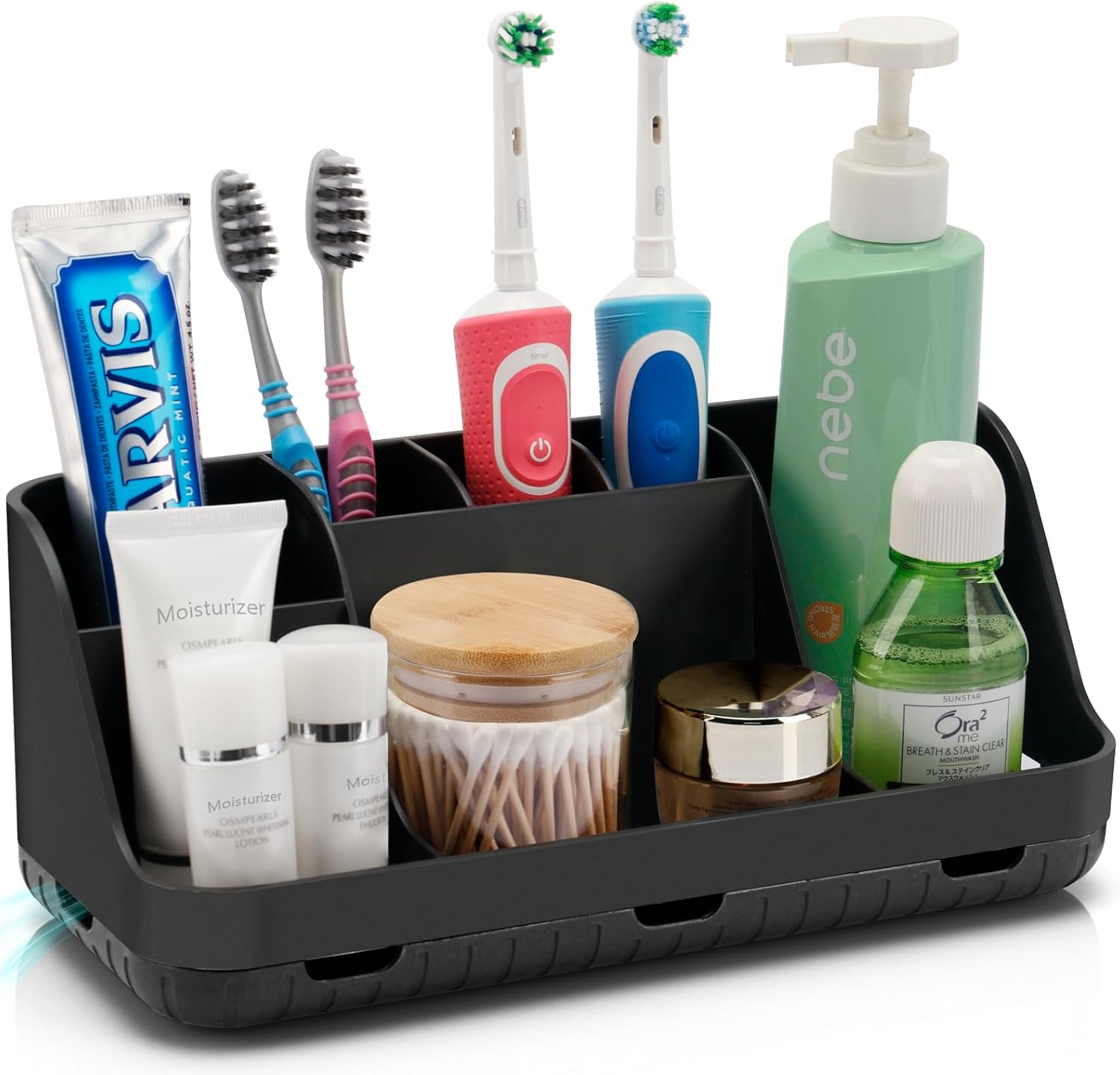 Black Toothbrush Holder - 7 Slots Bathroom Organizer Countertop with Drainage Matte Black Electric Toothbrush and Toothpaste Holder for Bathroom Accessories Organization Vanity Sink Storage