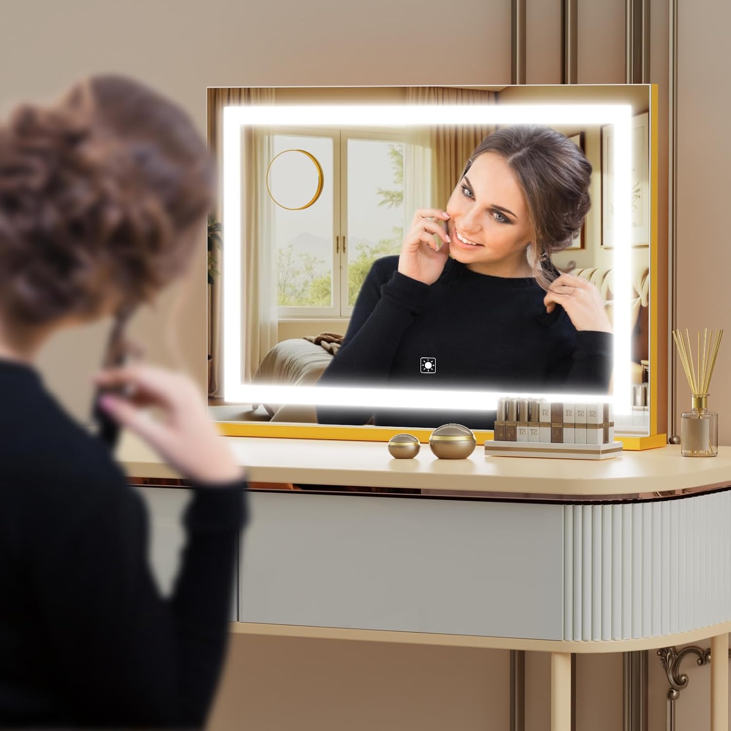 Makeup Vanity Mirror with USB Charging Port 19" L x 24" W LED Makeup Mirror, Desk Mirorr with Lights, Light up Mirror with 10X Magnification and, Dimmable 3 Modes, Touch Control Gold