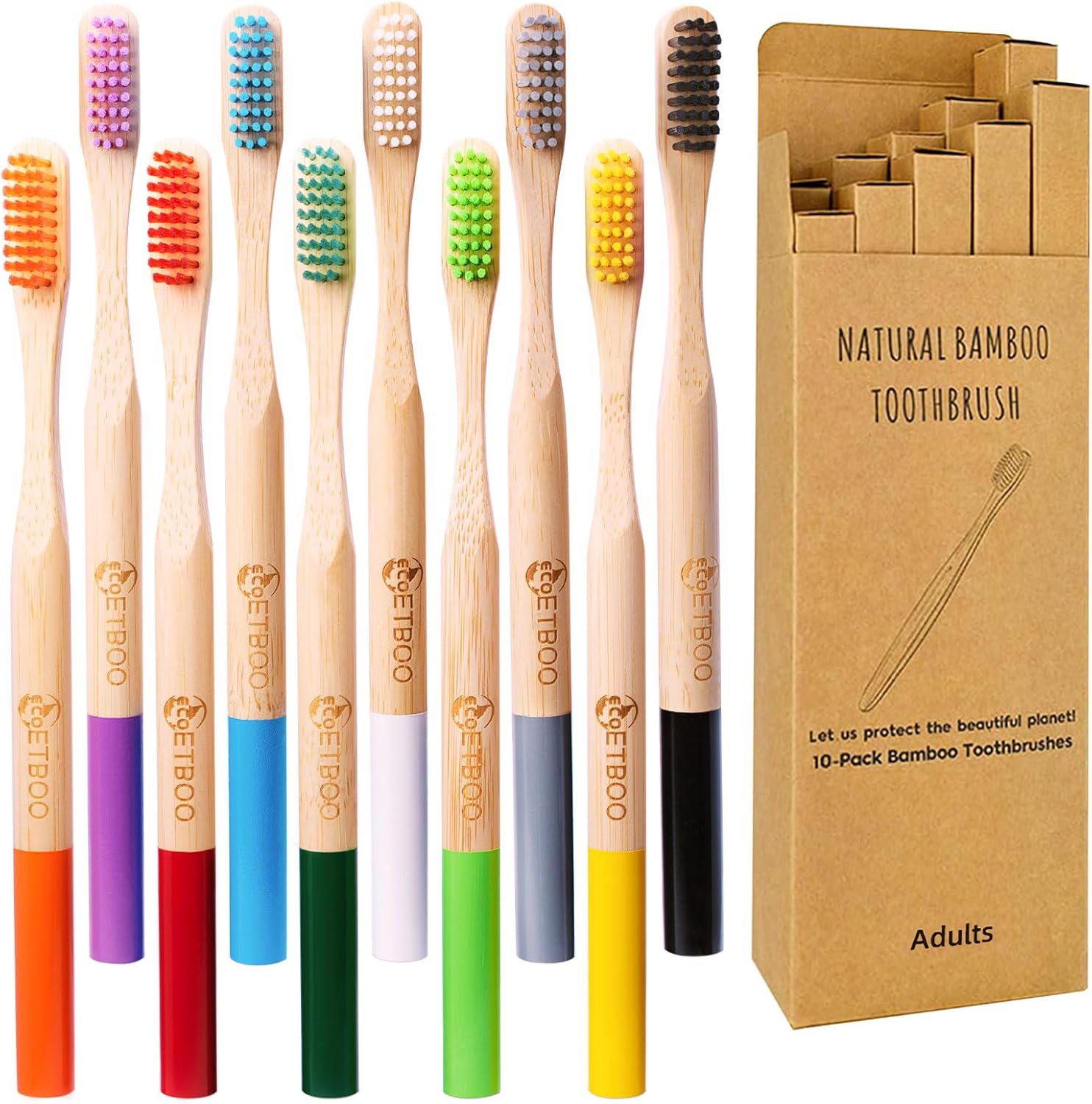 Bamboo Toothbrushes Medium Hard Bristles for Adults 10 Pack, Wooden Toothbrush Family Set Natural Organic Tooth Brush Multi-Color