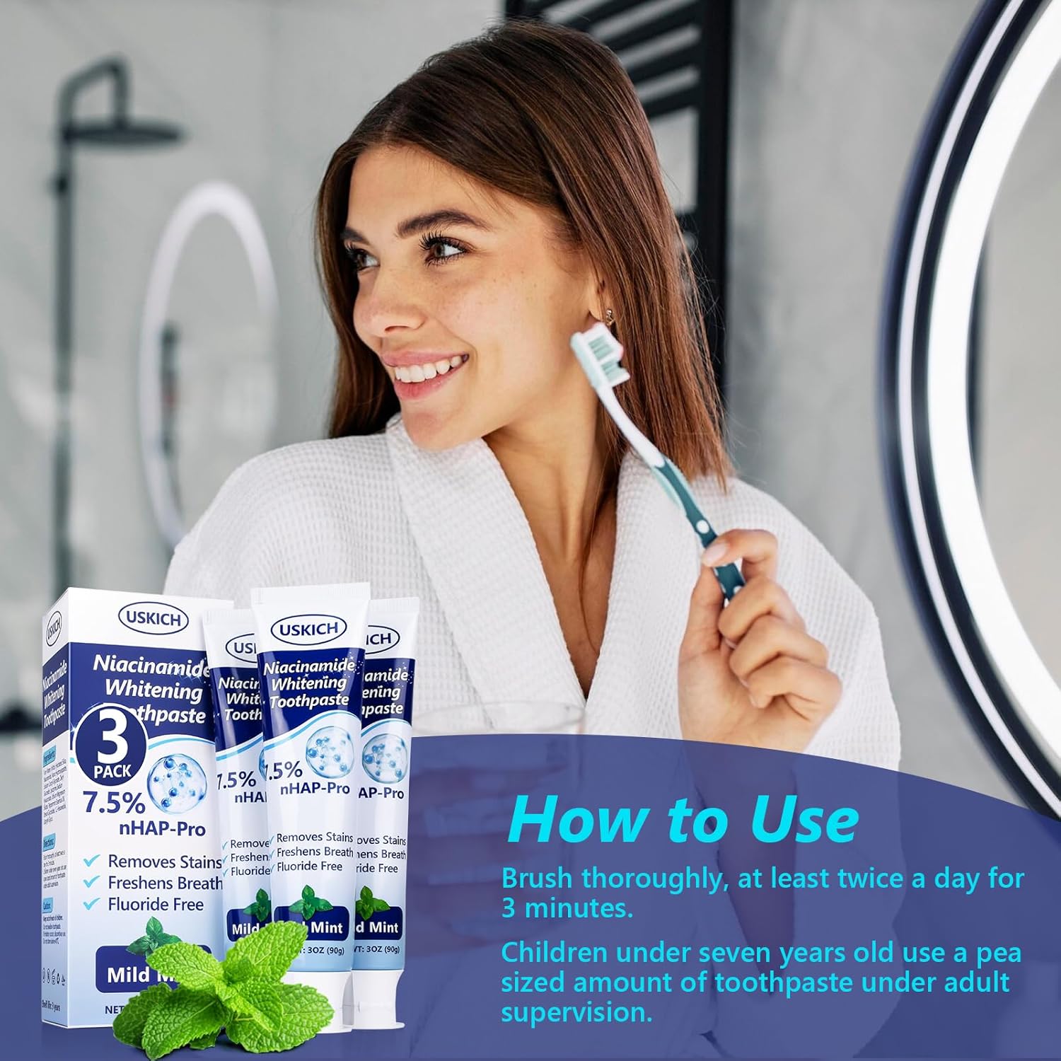 7.5% Nano-Hydroxyapatite Toothpaste,3 Pack Fresh Breath Whitening Toothpaste for Remineralizing Enamel & Sensitive Relief,Antiplaque,Natural Peppermint,Fluoride-Free