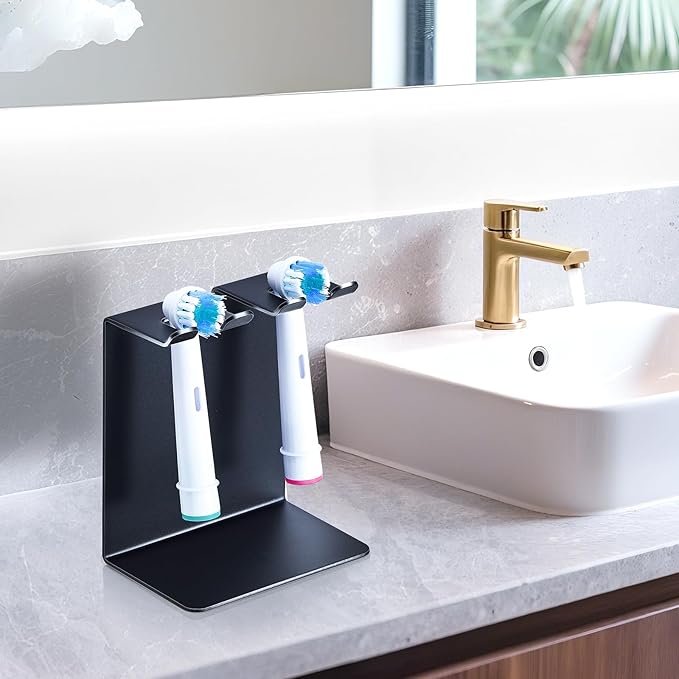 Electric Toothbrush Head Holder, Oukimly Toothbrush Holder Wall Mounted or Desktop, Metal Tooth Brush Holder, Shower Brush Head Holder, Electric Toothbrush Holder for Bathroom (Black, Small)