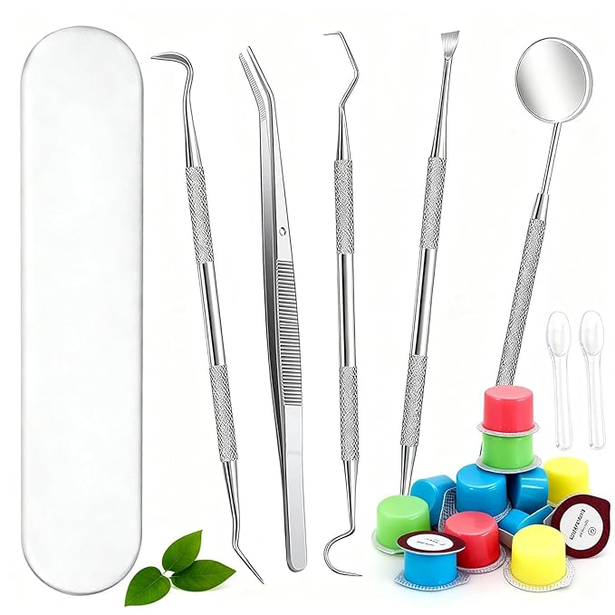 Dental Tools, Teeth Cleaning Kit and teeth polishing paste All in One for Total Tooth Care, Removing Stains and Tartar and Polish Teeth, 5 Stainless Steel tools for teeth cleaning 6 paste for polish