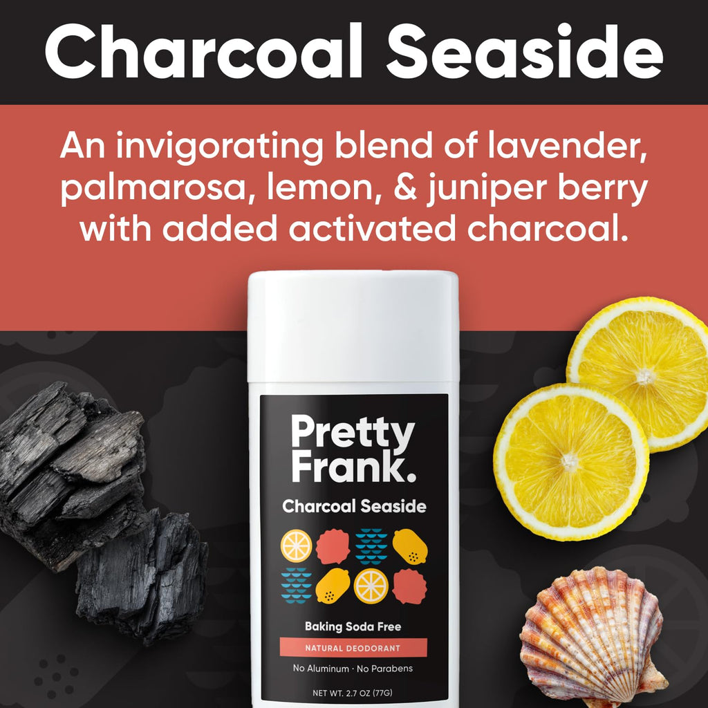 Pretty Frank Natural Aluminum-Free Deodorant Stick with Charcoal, Baking Soda-Free, Charcoal Seaside (2-Pack) | Sensitive Skin Friendly, Effective Odor Control for Women & Men, Organic Ingredients