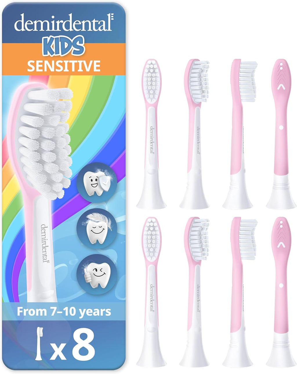 demirdental Kids Toothbrush Heads Compatible with Philips Sonicare Kids Toothbrush Heads - Replacement Heads Sensitive - Brush Heads from Ages 7 to 10 - Pink - Replaces HX6048-8 Pack
