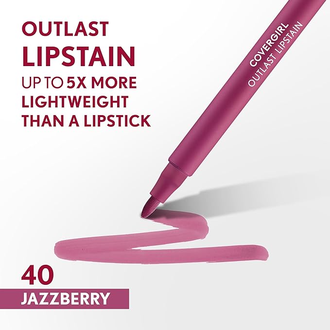 Covergirl Outlast, 40 Jazzberry, Lipstain, Smooth Application, Precise Pen-Like Tip, Transfer-Proof, Satin Stained Finish, Vegan Formula, 0.06oz