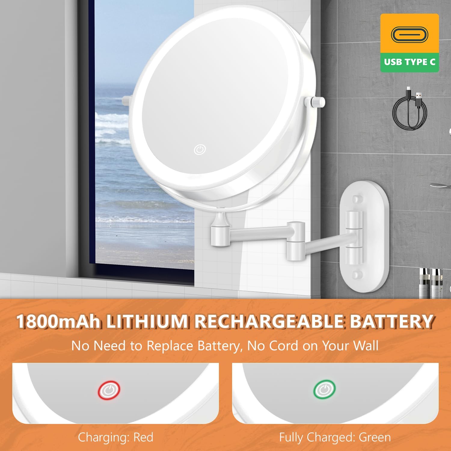 1X/20X Wall Mounted Makeup Mirror with Light, 8" Rechargeable Double-Sided Magnifying Mirror, Vanity Mirror Dimmable 3 Color Light, 360° Extension Rotation Foldable 14.5 Inch Arm for Bathroom