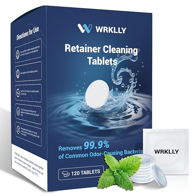 Retainer Cleaner Tablets (120 pcs), Denture Cleaning Tablets for Invisalign, Night Mouth Guard for Aligners, Remove Odors Stains and Plaque, Quick Cleanser, Mint Fresh Flavor, 4 Month Supply