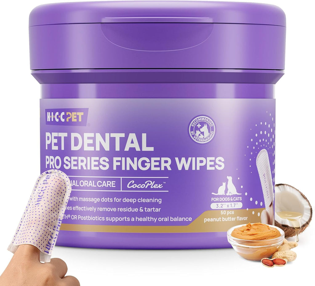 HICC PET Pro Dog Teeth Cleaning Wipes, Vet-Recommended Finger Toothbrush for Dogs & Cats, No-Rinse Dental Care Wipes, Gentle Cleansing & Gum Care, Tooth Brushing Kit Support, 50 Count (Peanut Butter)