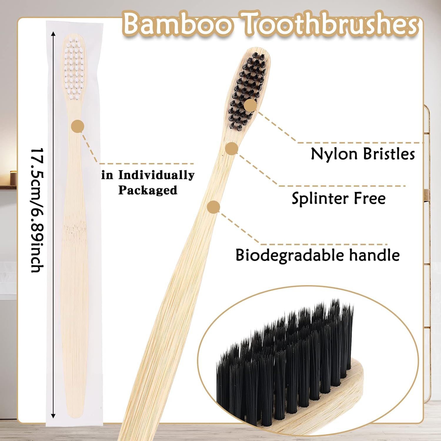 Vesici 100 Pcs Bamboo Toothbrushes Bulk Soft Bristles Toothbrushes with Micro Fur Ultra Wooden Bamboo Teeth Brushes Manual for Adults Travel Family Hotel Use Individually Packaged (Black,White)