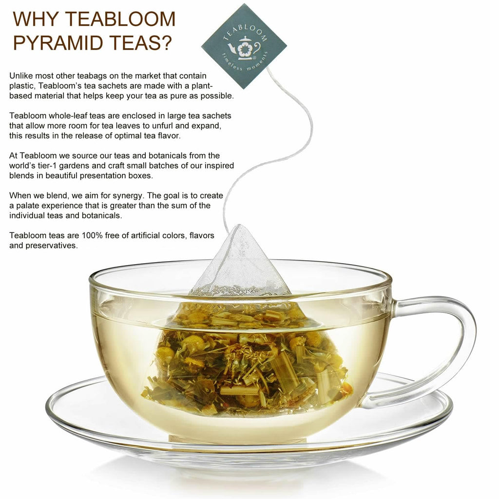 Teabloom Lemon Mint Chamomile Pyramid Tea Presentation Box, 12 Herbal Tea Blends, Whole-Leaf Pyramid Tea Sachets