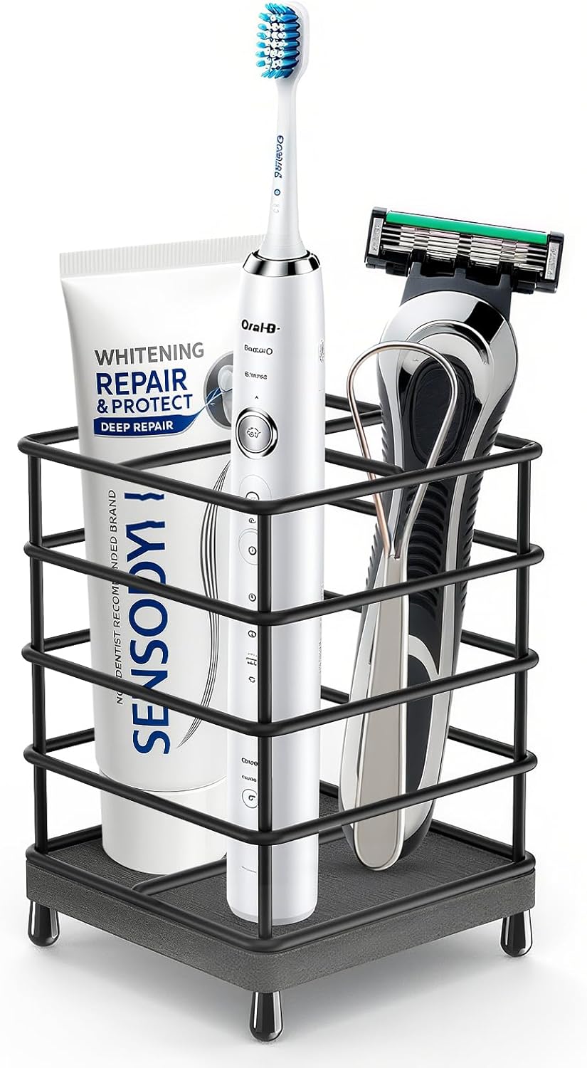 Toothbrush Holders with Quick Drying Mat—Black Toothbrush and Toothpaste Holder for Bathroom—3 Slots Openwork Design Bathroom Counter Organizer for Electric Toothbrush, Bathroom Accessories Organizer