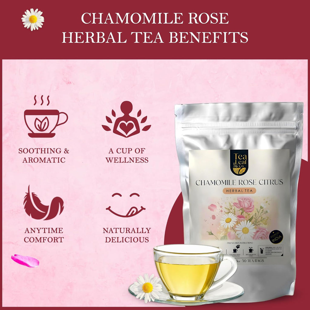 Tealeaf & Co. Chamomile Rose Citrus Herbal Tea Bags - Organic Chamomile Tea Bags with Rose Petals, Orange Peel, Lemon Grass, Hibiscus & Mint Leaves - Low Caffeine - Gluten Free - 50 Teabags