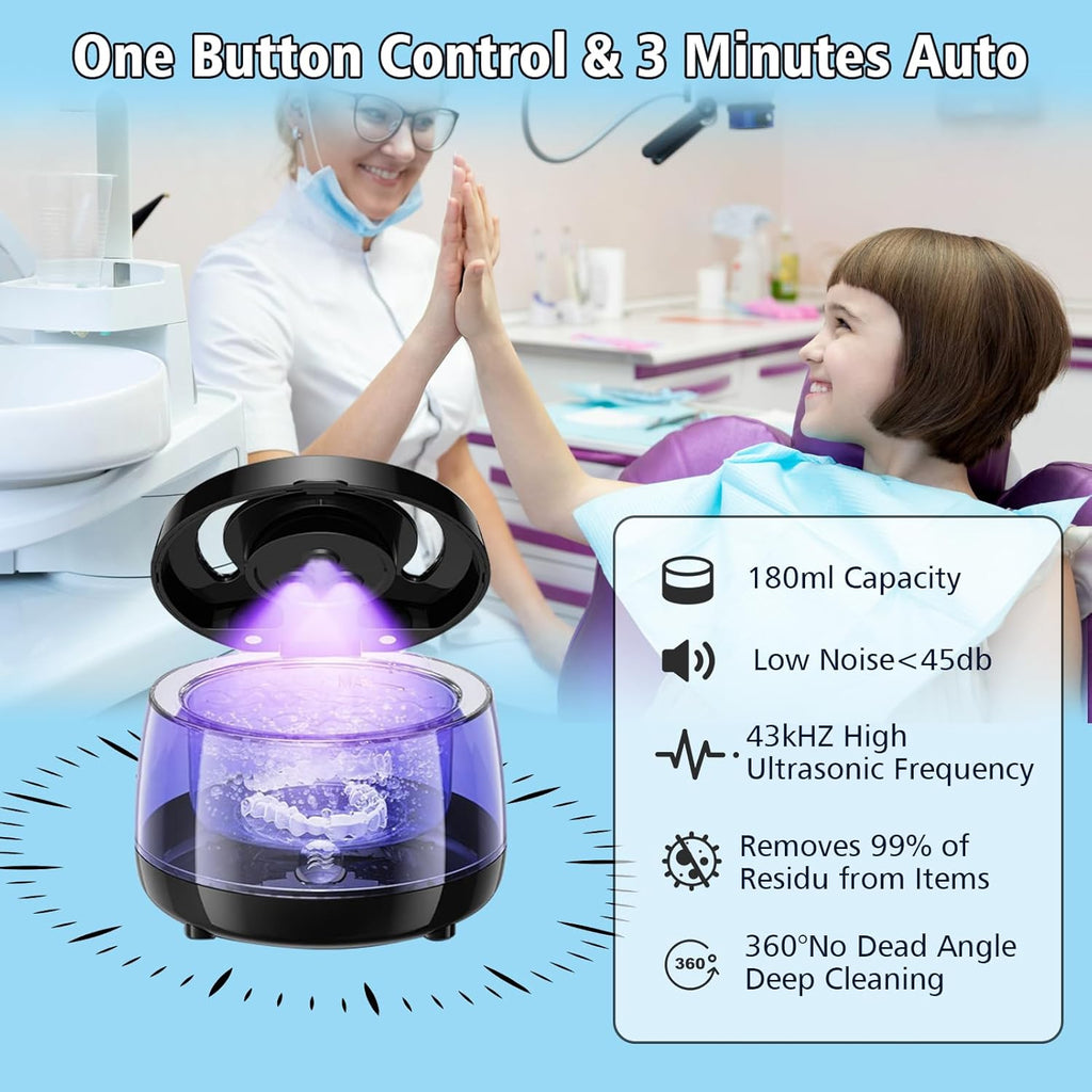 Ultrasonic Retainer Cleaner, 43kHz Ultrasonic Denture Cleaner Jewelry Cleaning Machine Eyeglass Cleaner for Watches Dentures Ring Razor Makeup Brush