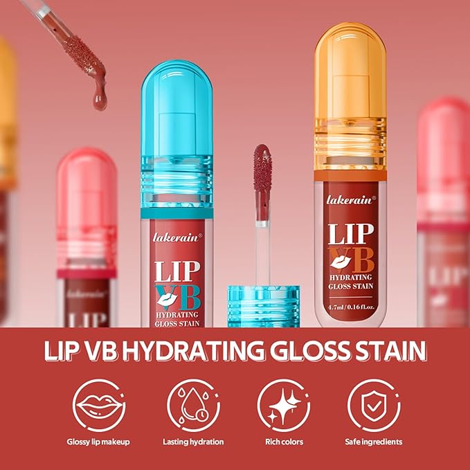 LIP VB Hydrating Gloss Stain – Lip Tint Gloss with 12HR Hydration Long-Lasting Moisture & Shine, Smooth Lip Stain with Glossy Finish, Non-Sticky, Rich Color for All Skin Tones (#4 DRIPPING IN ROSE, 1)