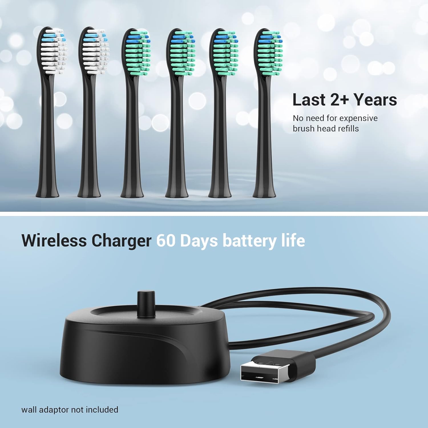 BAOVERI Sonic Electric Toothbrush for Adults - Wireless Rechargeable Toothbrush, 6 Brush Heads - 5 Brushing Modes with 3 Intensities - 42000 VPM Motor - Charge Lasts Up to 60 Days (Midnight Black)