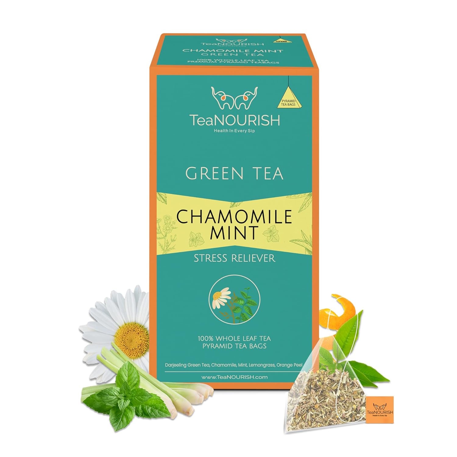 TeaNOURISH Chamomile Mint Green Tea | 20 Count Pyramid Tea Bags | Darjeeling Whole Leaf Tea Blend | Natural Sleep Tea with Calming & Relaxing Properties