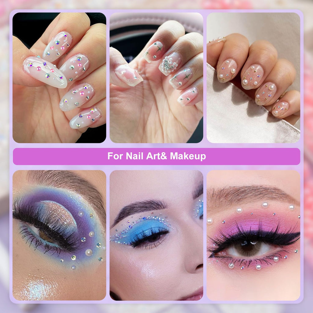 2 Boxes Flat Back Pearls Kit 2 Flatback White&Light Purple Half Round Pearls with Pencil and Tweezer 2-8mm for Face Makeup and Craft