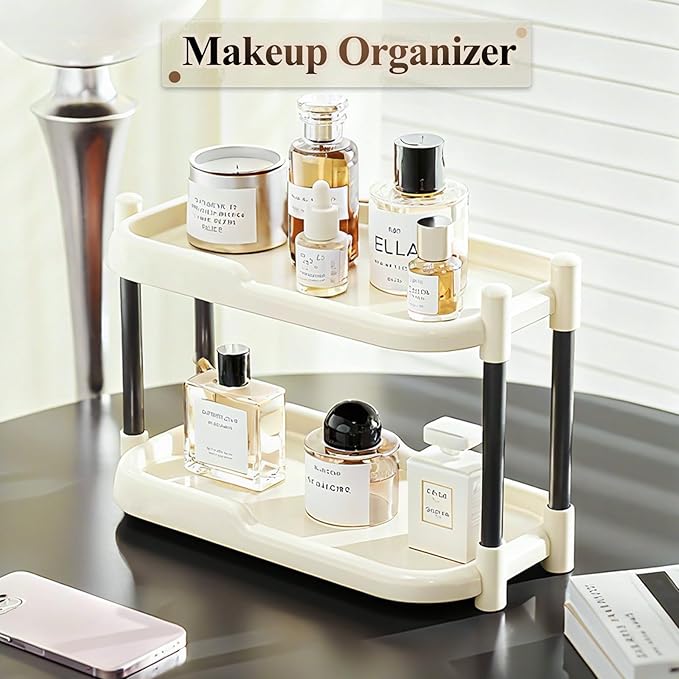 MARTY Bathroom Counter Organizer 2 Tier Makeup Organizer Countertop for Vanity Skincare Perfume Cosmetic Holder Spice Rack Storage Shelf for Bathroom Dresser Kitchen Coffee Station (White)