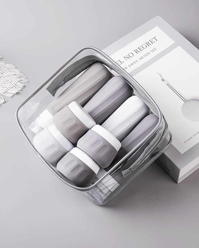 Travel Bottles for Toiletries 8 Pack, TSA Approved Travel Size Containers 3oz, Leak Proof Silicone Squeezable Creams Jars with Clear Travel Bag