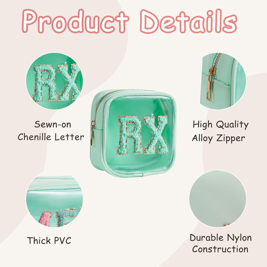 Small Chenille Letter Clear Medicine Makeup Bags,Nylon PVC Waterproof Rx Pouch with Metal Zipper, Cute Drug First Aid Travel Organizer for Women Girls(01Mint)