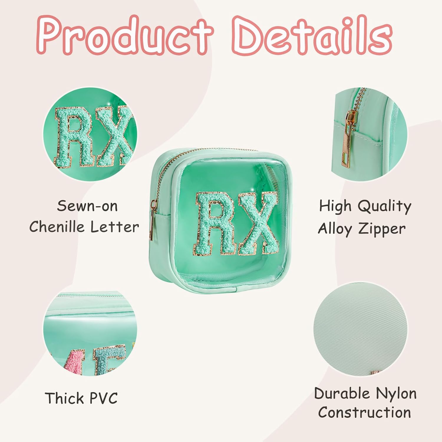 2Pcs Large Chenille Letter Clear Medicine Makeup Bag Set,Nylon PVC Waterproof Rx Meds Pouch with Metal Zipper, Cute Drug First Aid Travel Organizer for Women Girls(2pcs Mint)