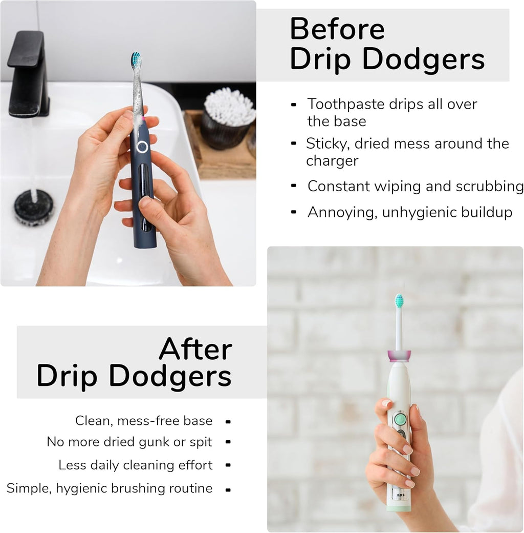 The Drip Dodger Electric Toothbrush Drip Guard (Pack of 2) – Adjustable Silicone Ring to Keep Charging Base Clean – Fits Oral-B, Sonicare & More – Dishwasher-Safe - Stops Paste & Water Mess