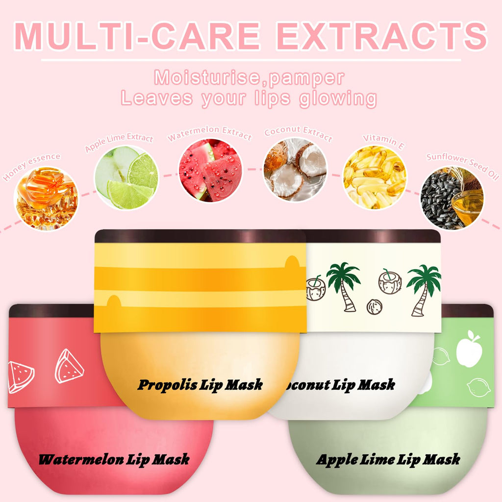 4 PCS Bee Lip Balm - Honey Watermelon Apple Coconut Lip Balm Sleeping Lip Mask Overnight with Sticks, Lip Exfoliating, Prevents Dry & Crack