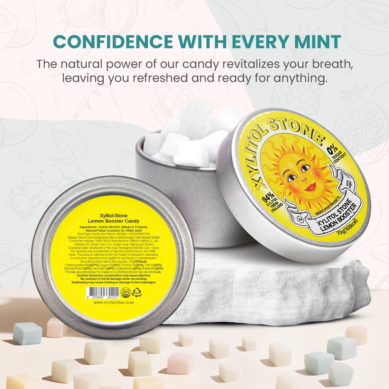 Xylitol Stone Sugar Free Candy - Vegan & Keto Friendly Unique Hard Candy - 100% Natural Flavor Candies - Gluten Free & Non-GMO Breath Freshener Low Calorie Mints - Lemon Booster (Pack of 1)