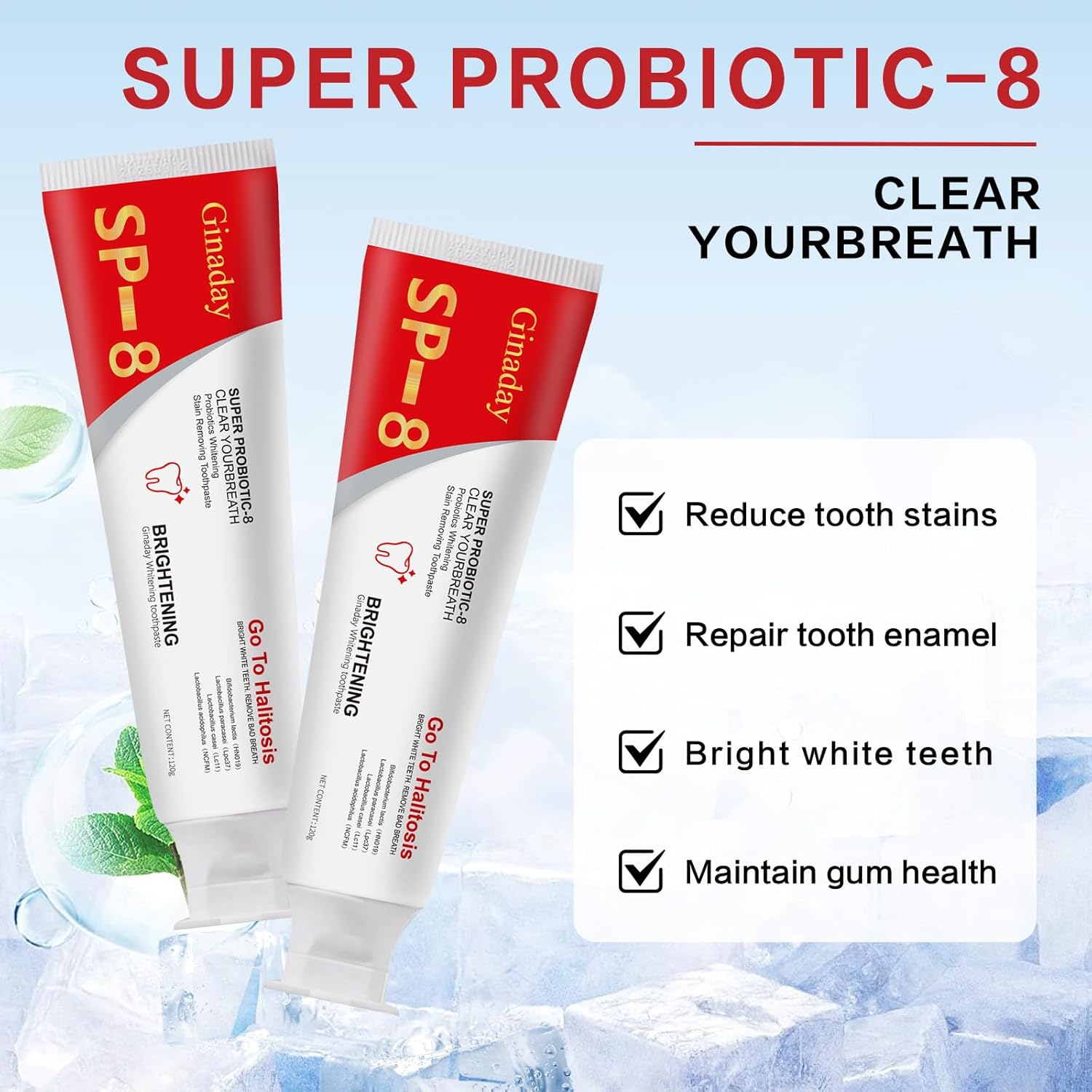 2 Pcs SP-8 Probiotic Whitening Toothpaste, Triple Whitening Care Deep Cleaning Fresh Breath.