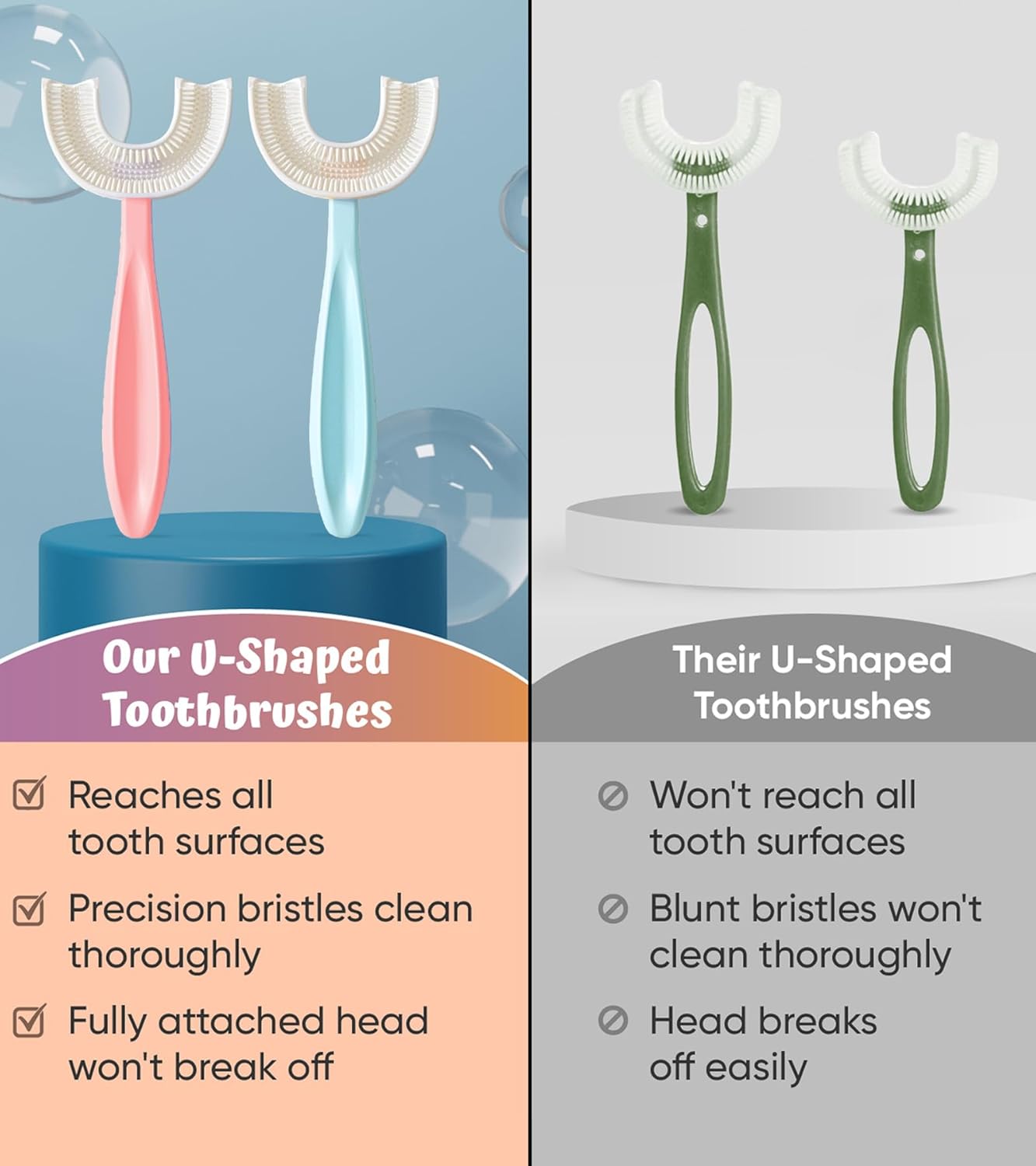 U Shaped Toothbrush Kids 6-12 Years - Two Soft Toothbrushes, Travel Case & Sensory Toothbrush - Rounded Kids Size Head - 1 Pink, 1 Blue