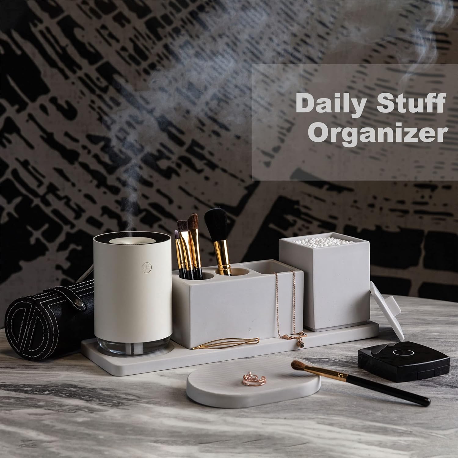 Bathroom Accessory Set Grey, Diatomite, Bathroom Accessories Countertop Complete with Electric Toothbrush Holders, Soap Dish Set