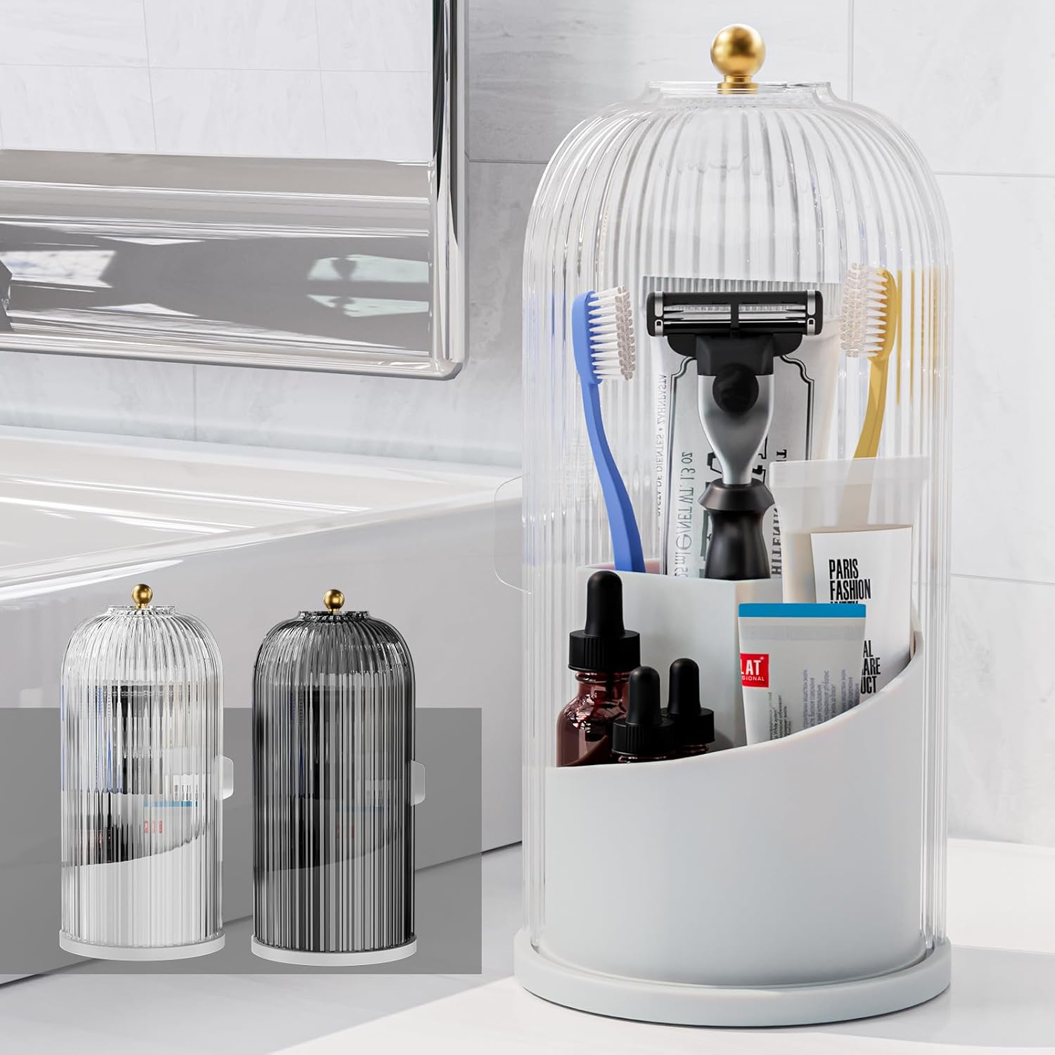 Toothbrush Holders with Sliding Lid for Bathroom Counter Organizer, Tooth Brush Toothpaste Holder for Bathroom Vanity Makeup Brushes Holder-White