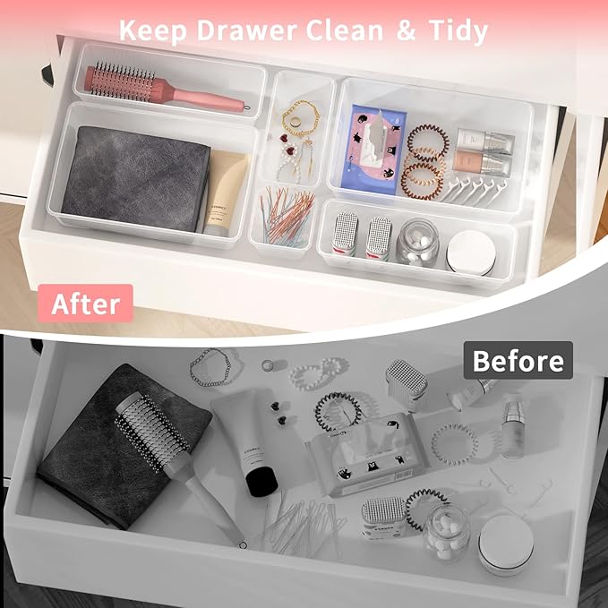 25 PCS Plastic Drawer Organizer Set, 4-Size Clear Bathroom and Vanity Desk Drawer Organizer Trays, Non-Slip Versatile Storage Bins for Makeup Jewelry Office Kitchen Gadgets